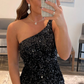 Black Sequins Sheath One Shoulder Homecoming Dress SH576