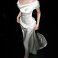 Charming Sheath Off the Shoulder Pearl White Satin Long Wedding Dress SH6674