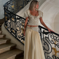 Two Piece Shiny A Line Puff Sleeve Beaded Satin Long Prom Dress Date Dress SH5558