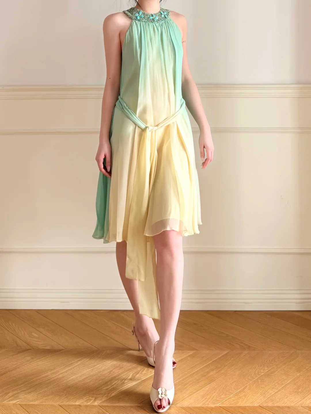 Vintage Yellow Green Ombre Beaded Chiffon Knee Length Wedding Guest Dress Prom Dress SH5442