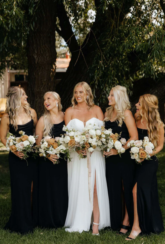 Black Elastic Satin Spaghetti Strap Side Slit Long Bridesmaid Dresses SH5588