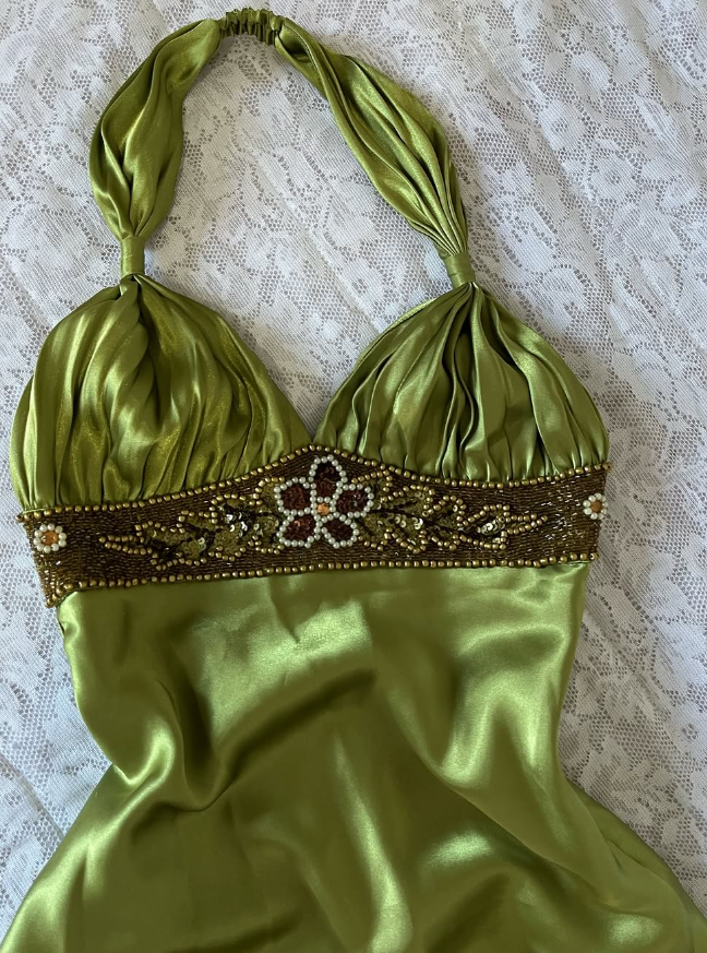 Vintage Sheath Halter Beaded Green Satin Open Back Prom Dress Graduation Prom Dress SH2570