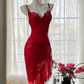 Sexy Sheath Spaghetti Strap Red Lace Chiffon Party Dress Evening Dress SH2956