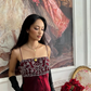 Burgundy Vintage A Line Exquisite Beaded Satin Long Prom Dress Wedding Guest Dress SH5386