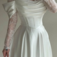 Elegant White A Line Long Sleeve Lace Satin Prom Dress Wedding Guest Dress SH5395