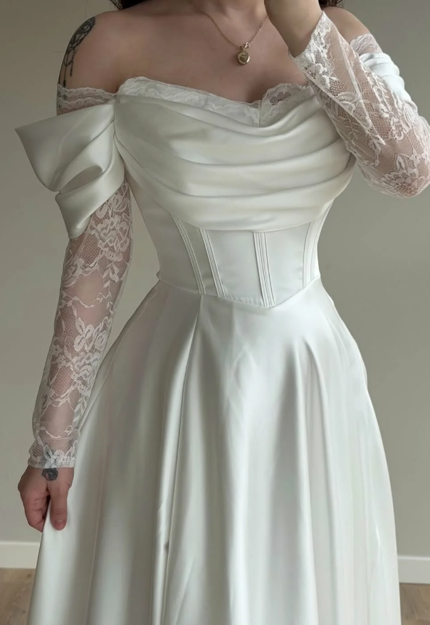 Elegant White A Line Long Sleeve Lace Satin Prom Dress Wedding Guest Dress SH5395