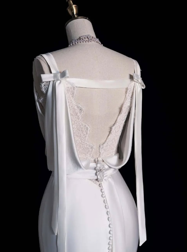 Elegant Sheath Spaghetti Strap Lace Satin Long Sweep Prom Dress Graduation Prom Dress SH2567