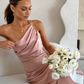 Simple Sheath One Shoulder Pleated Pink Satin Bridesmaid Dress Evening Dress SH3059