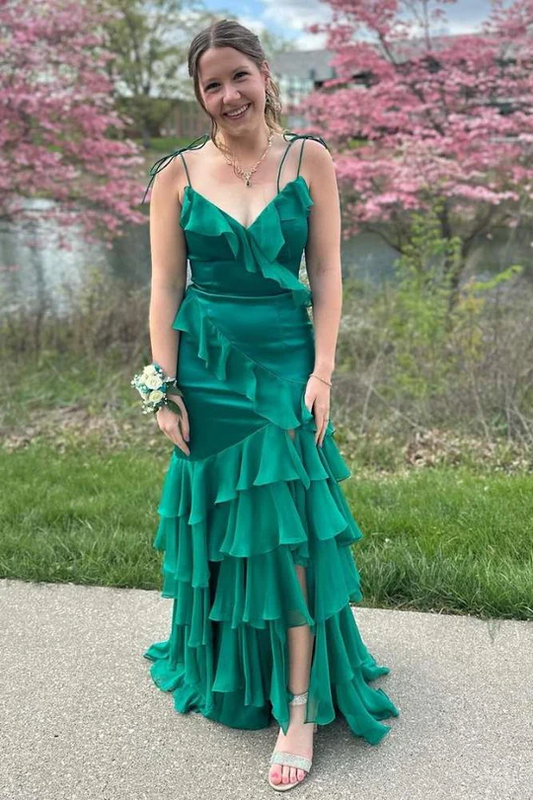 Green V-Neck Satin Chiffon Ruffle Long Prom Dress Mermaid Slit Evening Dress  SH1530