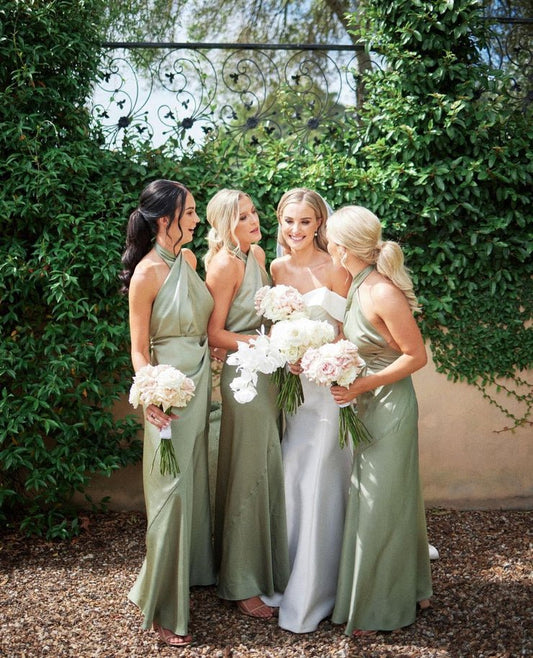 Charming Sheath Hatler Satin Sage Long Bridesmaid Dresses SH6295