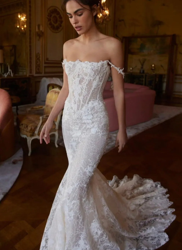 Glamorous Mermaid Off the Shoulder White Lace Long Train Wedding Dress SH7150