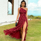 Elegant Mermaid One Shoulder Burgundy Lace Long Prom Dress with Slit SH431