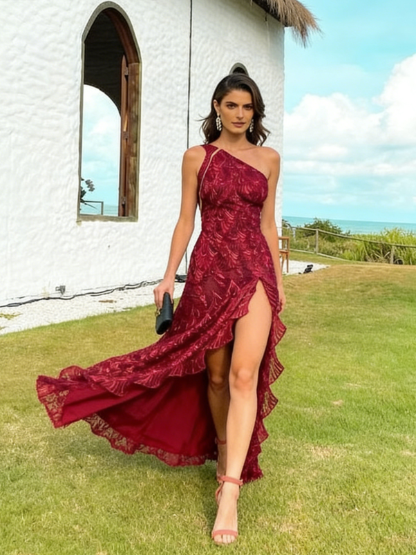 Elegant Mermaid One Shoulder Burgundy Lace Long Prom Dress with Slit SH431