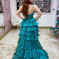 Unique Blue A Line Spaghetti Strap Layered Tulle Long Prom Dress Evening Dress SH6804