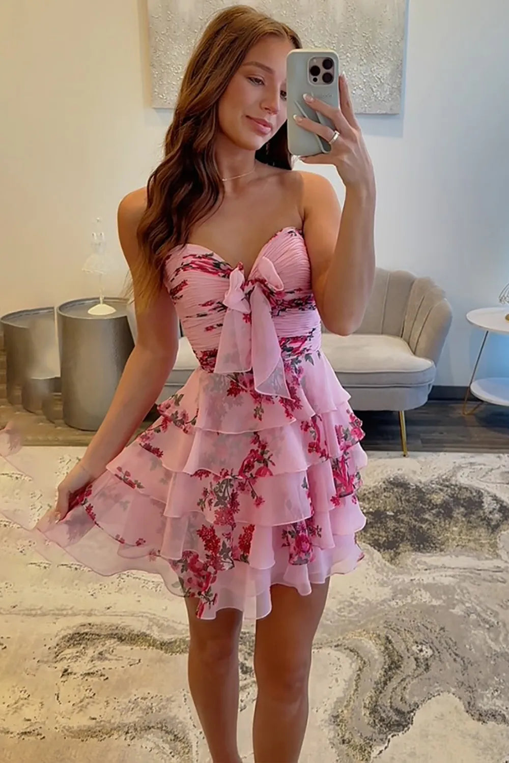 New A Line Sweetheart Pink Printed Short Homecoming Dress with Ruffles SH7523