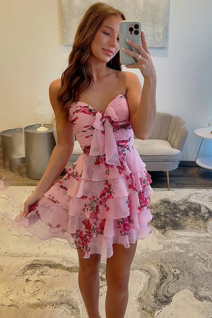 New A Line Sweetheart Pink Printed Short Homecoming Dress with Ruffles SH7523