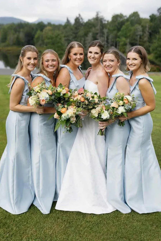 Mermaid Straps Bows Pleats Satin Sleeveless Long Bridesmaid Dress with Slit SH6291