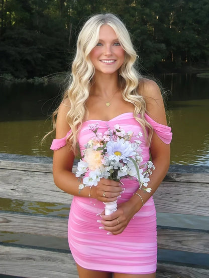Stylish Sheath Off the Shoulder Pink Short Homecoming Dress with Ruched SH7476