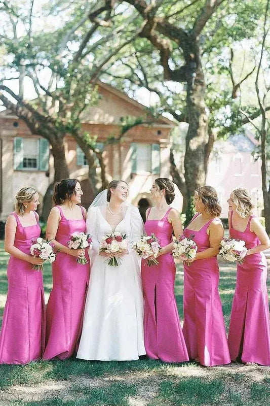 Sheath Square Neck Fuchsia Satin Bridesmaid Dresses with Bow SH6290
