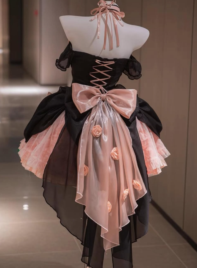 Black-pink Cute Ball Gown Off the Shoulder Bow Satin Tulle Short Prom Dress Homecoming Dress SH6438