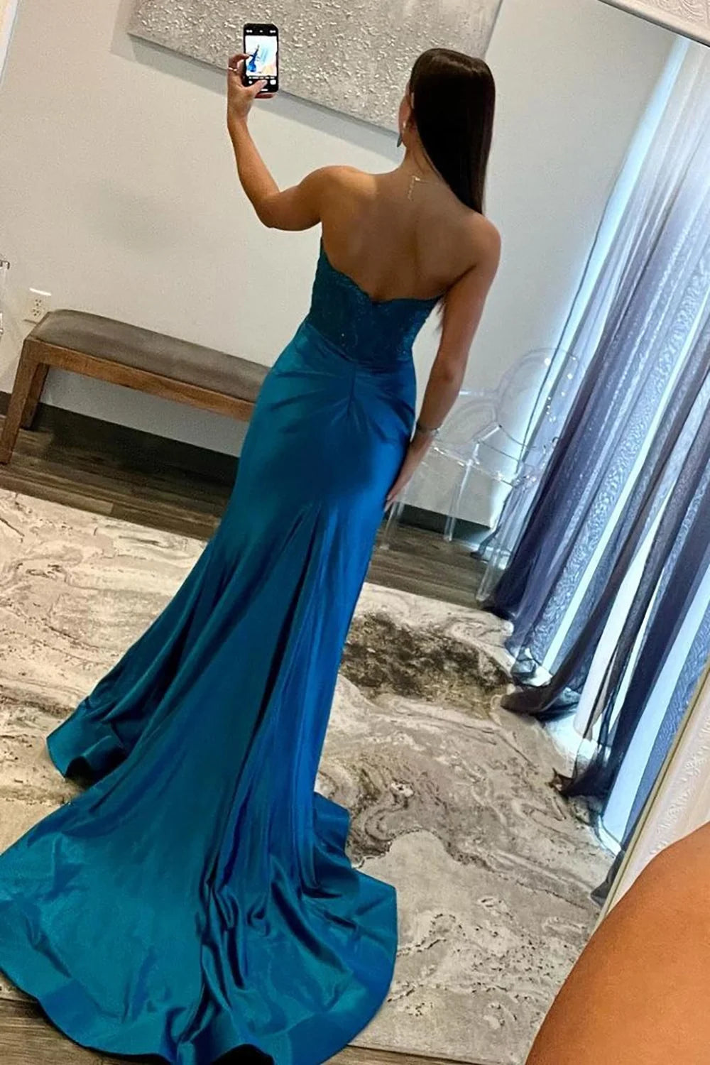 Dark Blue Sweetheart Mermaid Long Satin Prom Dress With Split SH7618