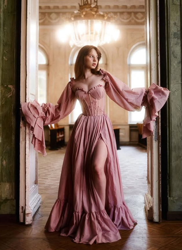 Sweety Pink A Line Long Sleeve Appliques Chiffon Slit Prom Dress Evening Dress SH6689