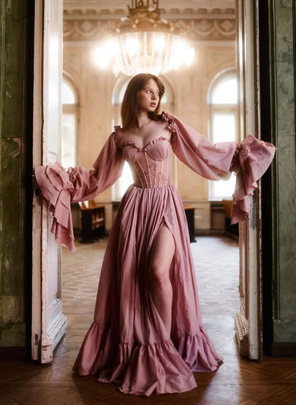 Sweety Pink A Line Long Sleeve Appliques Chiffon Slit Prom Dress Evening Dress SH6689