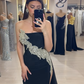 Sexy Black Sheath Strapless Beaded Chiffon Long Prom Dress Party Dress with Slit SH4814