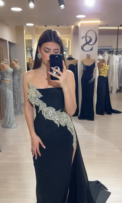 Sexy Black Sheath Strapless Beaded Chiffon Long Prom Dress Party Dress with Slit SH4814