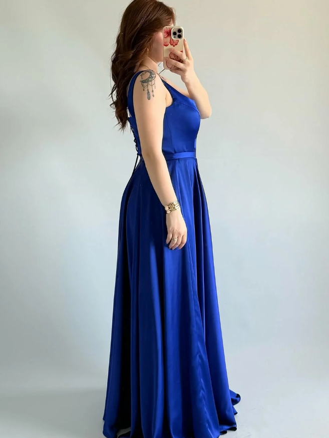 Simple Royal Blue A Line Spaghetti Straps Satin Prom Dress Date Dress SH5549
