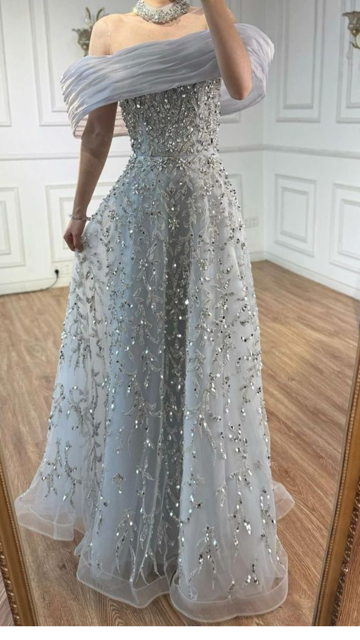 Light Grey A Line Off the Shoulder Beaded Sequin Tulle Long Prom Dress Evening Dress SH8858