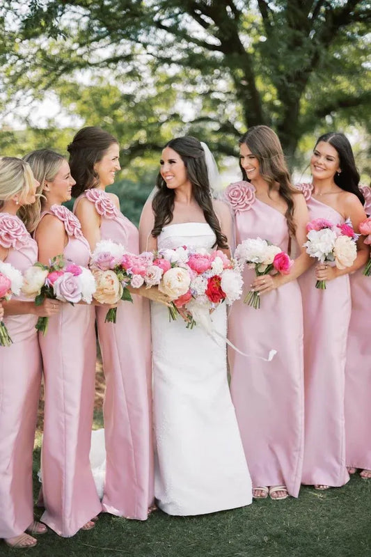 Pink One Shoulder Sheath Flower Sleeveless Satin Long Bridesmaid Dress SH6284
