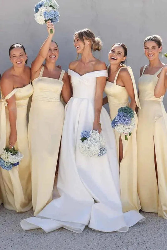 Sheath Straps Yellow Satin Long Bridesmaid Dresses with Slit SH6292