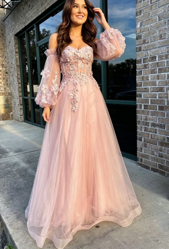 Pink Tulle Strapless Puff Sleeve A-Line Prom Dress SH356
