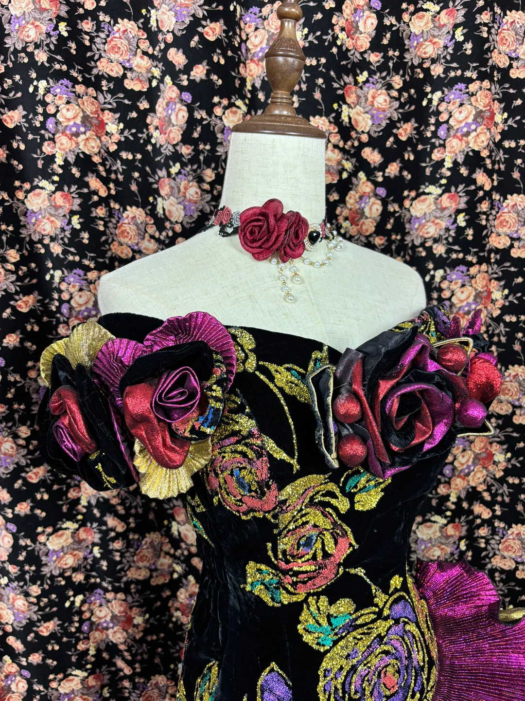 Vintage Secret Print Floral Layered Satin Prom Dress Party Evening Dress SH5694