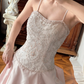 Vintage Pink A Line Straps Beaded Satin Long Sweep Prom Dress Evening Dress SH5660