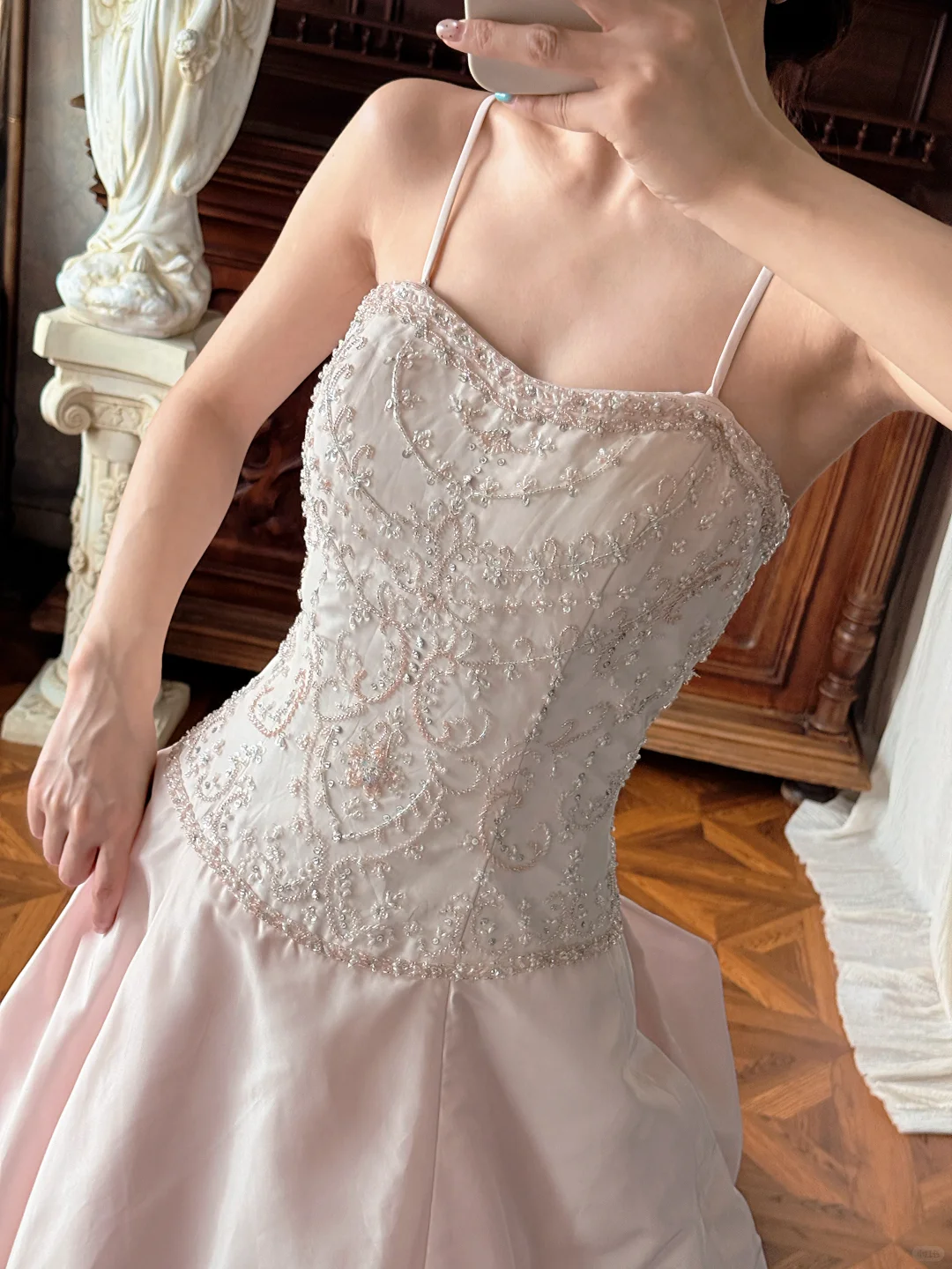 Vintage Pink A Line Straps Beaded Satin Long Sweep Prom Dress Evening Dress SH5660