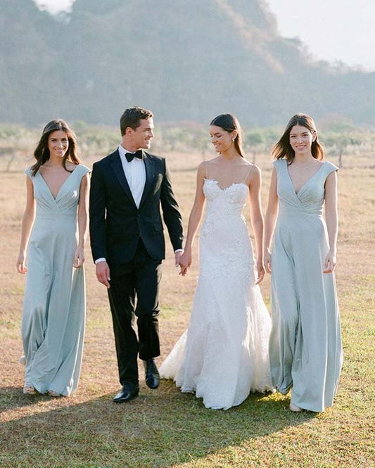 Simple A Line Satin V Neck Blue Sleeveless Long Bridesmaid Dresses SH6282