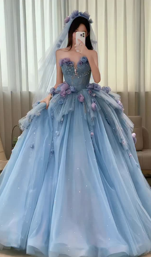 Blue Floral Ball Gown Sweetheart Neck Exquisite Beaded Tulle Long Prom Dress SH5031
