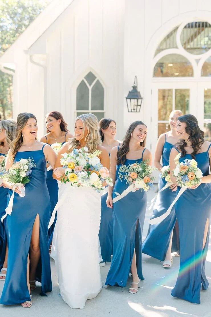Simple Mermaid Spaghetti Straps Blue Long Bridesmaid Dresses with Bow Back SH6286