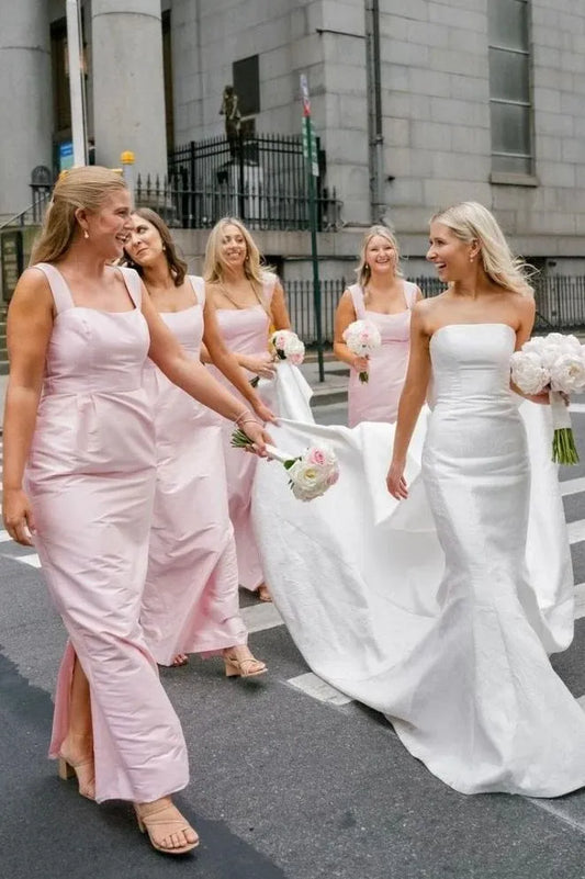 Pink Straps Sheath Square Neck Satin Sleeveless Long Bridesmaid Dress SH6288