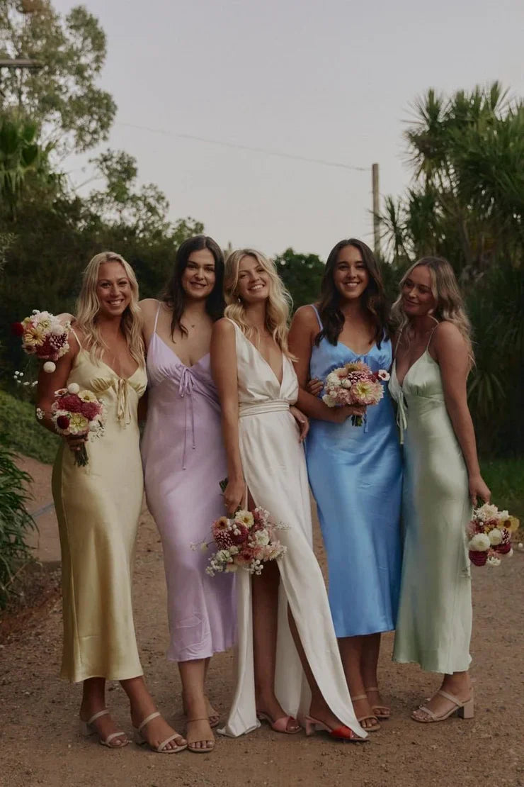 Sheath Silk Satin V Neck Ankle Length Bridesmaid Dresses with Straps SH6283