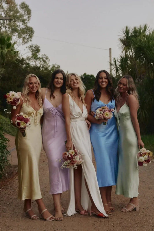 Sheath Silk Satin V Neck Ankle Length Bridesmaid Dresses with Straps SH6283