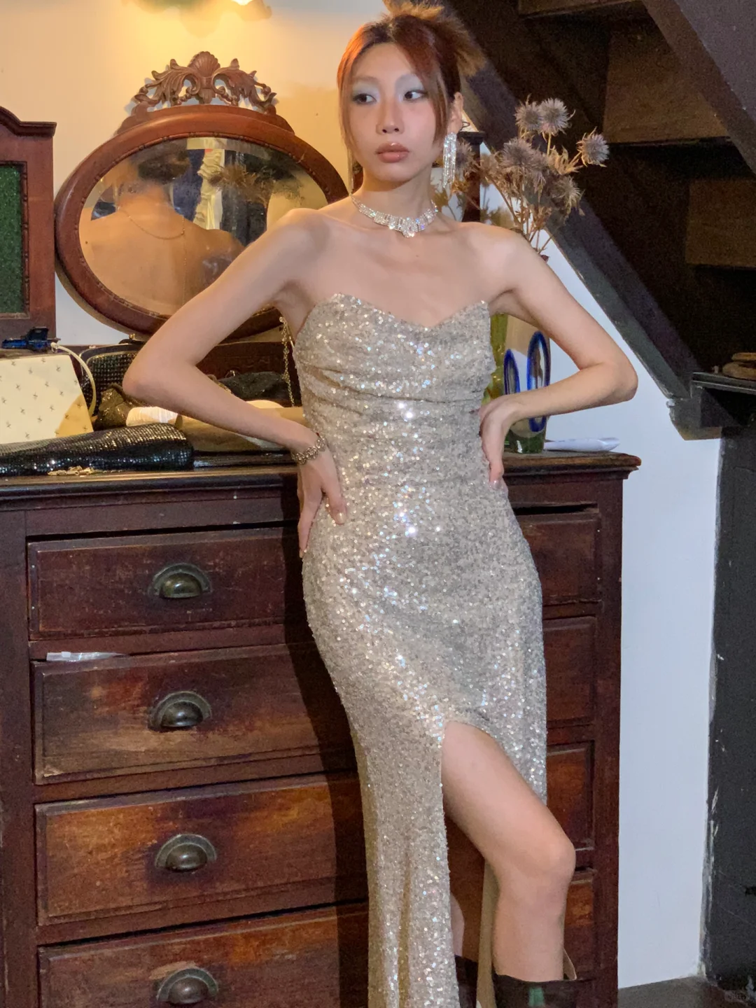 Shiny A Line Sweetheart Neck Silver Sequin Prom Dress Evening Dress with Slit SH3084