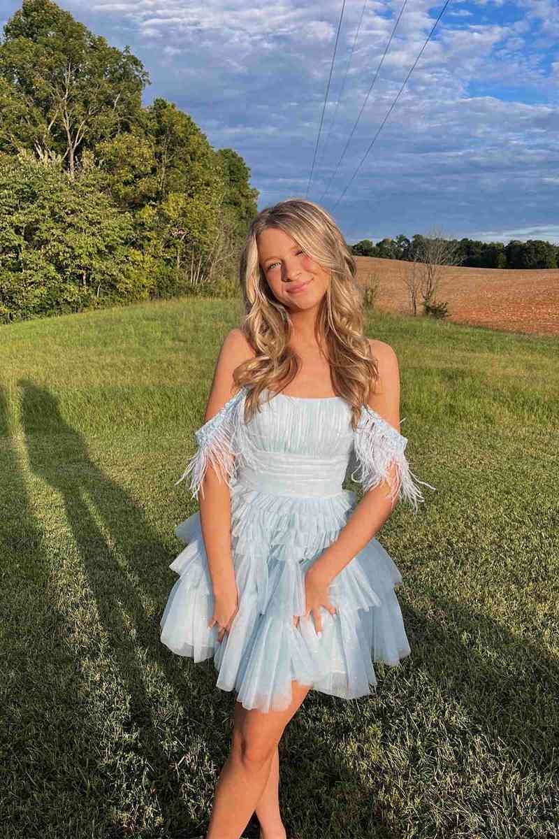 Off The Shoulder Pleated Tiered Tulle Party Dress,Pretty Homecoming Dress SH641