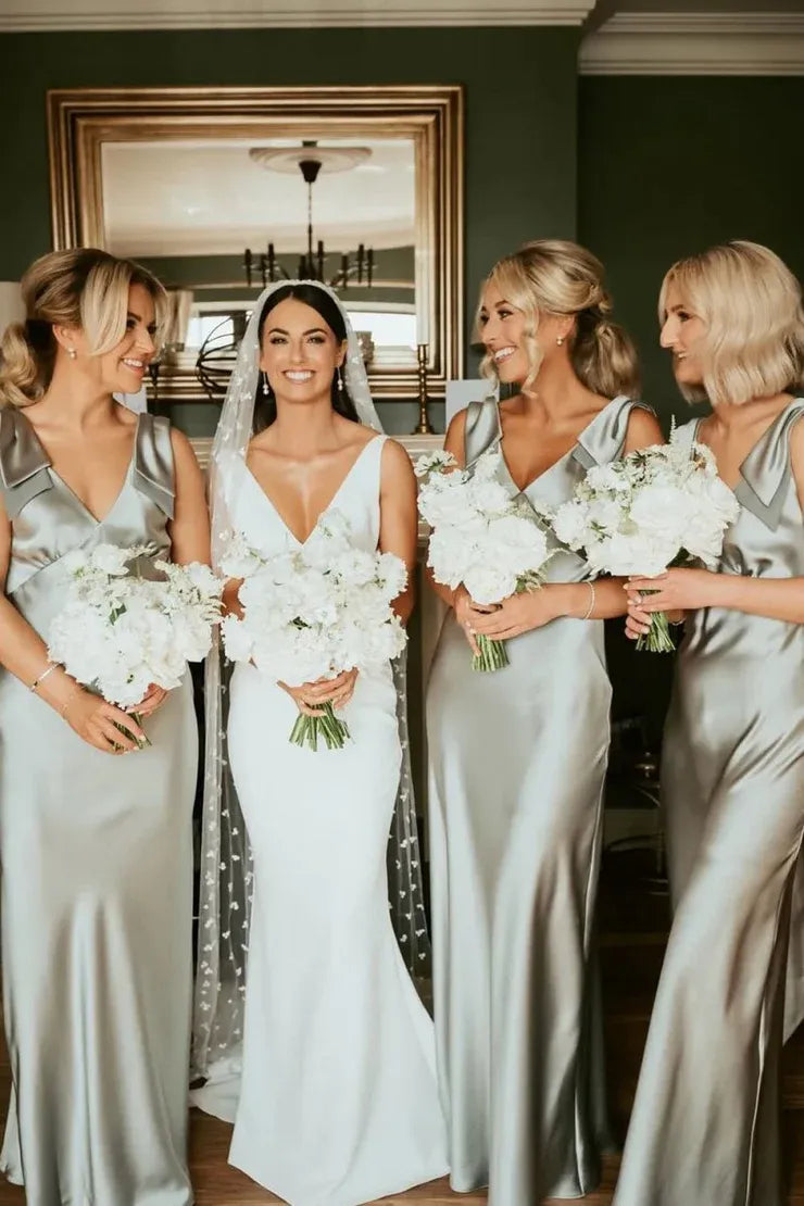 Sheath V Neck Sage Green Silk Satin Bridesmaid Dress with Bow SH6293