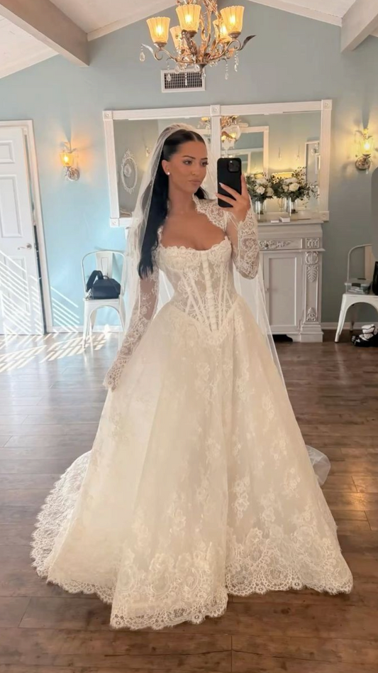 Sweety A Line Long Sleeve Exquisite Corset White Lace Long Wedding Dress SH8687