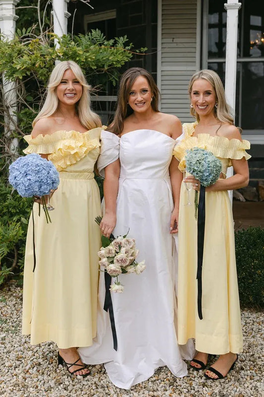 Yellow Off the Shoulder Ruffle Cotton Ankle Length Bridesmaid Dresses SH6294
