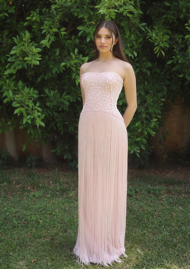 Exquisite Tassel A Line Strapless Beaded Light Pink Satin Long Prom Dress Evening Dress SH6534