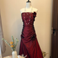 Vintage A Line Strapless Flower Pleated Burgundy Satin Long Prom Dress Party Dress SH3033